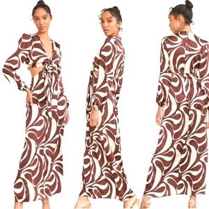 Swirl Print Abstract Cutout Satin Retro Maxi Dress